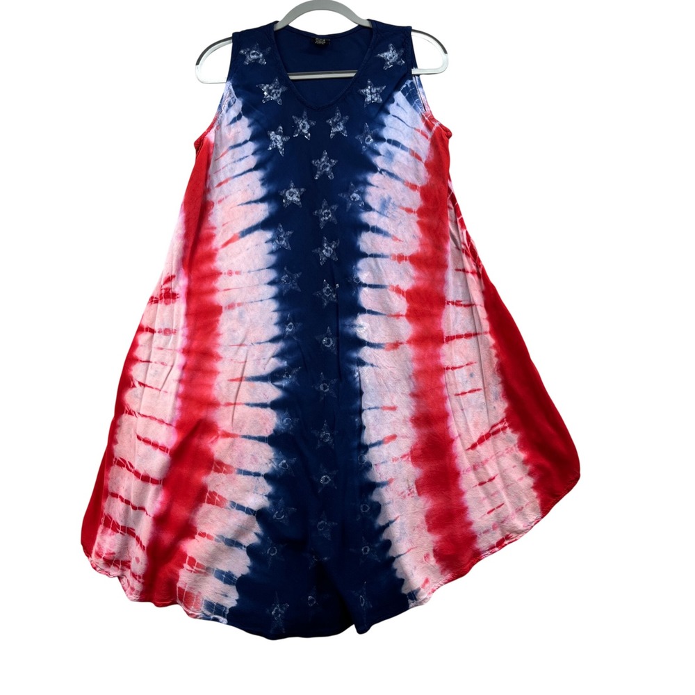 Seven Islands New York Swing Dress Women One Red White Blue America Tie Dye Boho